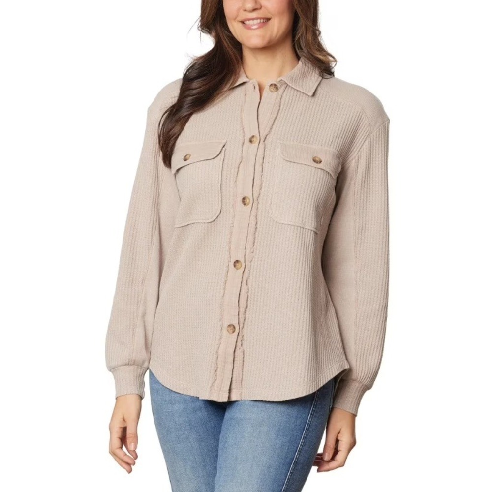 Briggs Taupe Waffle Knit Button Down Stretch Shacket Shirt Jacket Relaxed Fit S